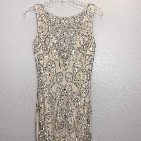 Aidan Mattox Champagne V-Neck Illusion Gown Size 2 - Picture 3 of 16